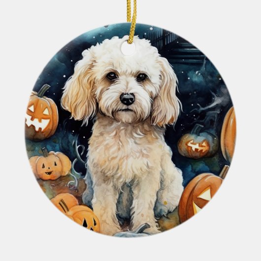 Halloween Cockapoo met pomkins Scary Keramisch Ornament (Voorkant)