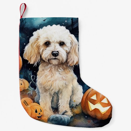 Halloween Cockapoo met pomkins Scary Kleine Kerstsok (Voorkant)