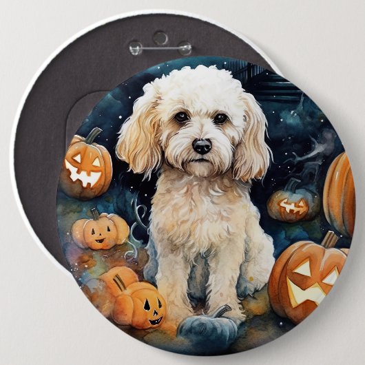 Halloween Cockapoo met pomkins Scary Ronde Button 6,0 Cm (Voorkant /achterkant)