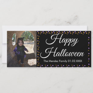 Halloween-confetti oranje paarse rand fotokaart feestdagenkaart