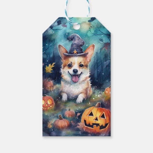Halloween Corgi met pompoenen eng Cadeaulabel (Voorkant)