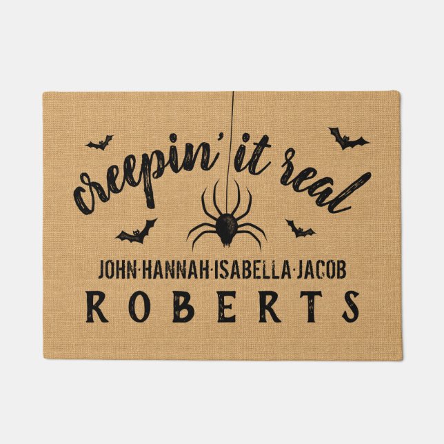 Halloween Creepin it Real Custom Rustic Burlap Deurmat (Voorkant)