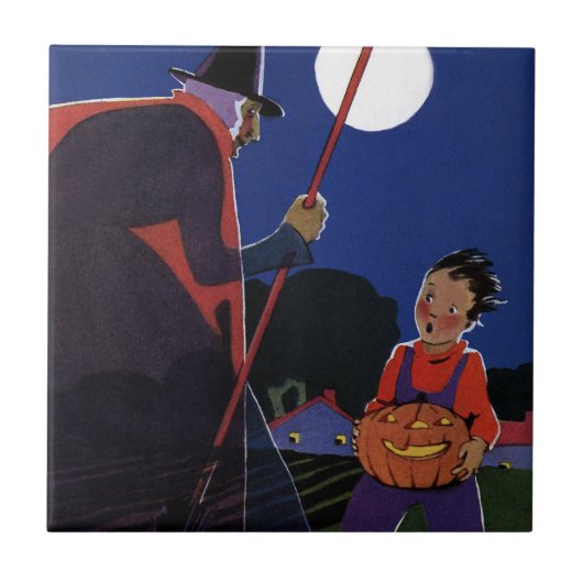  Halloween, Creepy Witch met Boy Tegeltje (Voorkant)
