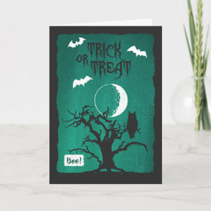 Halloween Crooked Tree Owl Moon Bats Gedicht Kaart