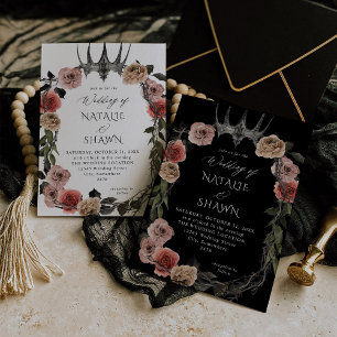 Halloween Crown Pink & Black Floral Wedding Kaart