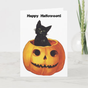 Halloween, Cute Black Cat in a Pumpkin Kaart