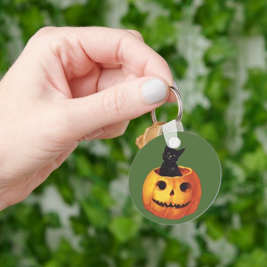  Halloween, Cute Black Cat in a Pumpkin Sleutelhanger (Hand)
