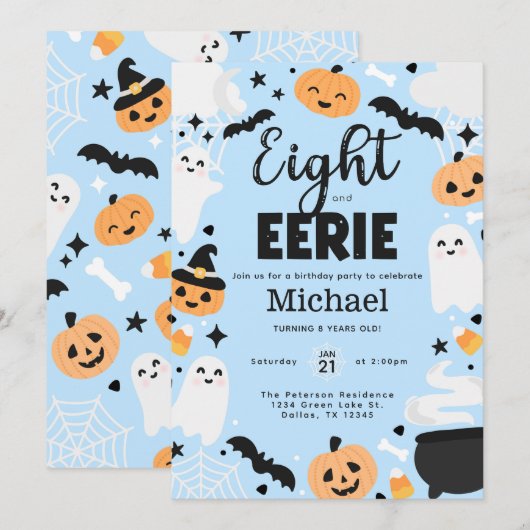 Halloween Cute Ghost 8th Birthday Party Invitation Kaart (Voorkant / Achterkant)