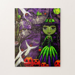 Halloween Cute Green Witch Big Eyes Legpuzzel