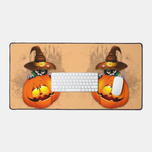 Halloween Cute Kat Witch en Pumpkin Friend Bureaumat (Keyboard & Muis)