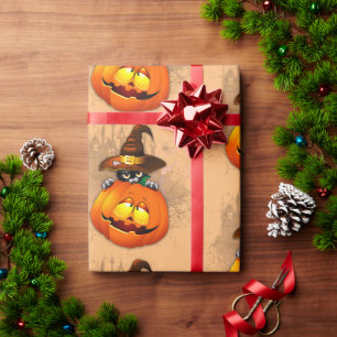 Halloween Cute Kat Witch en Pumpkin Friend Cadeaupapier