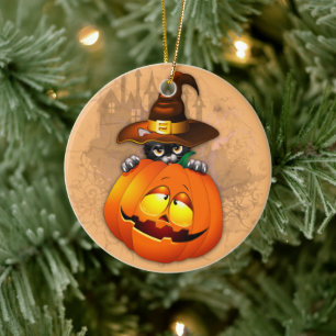 Halloween Cute Kat Witch en Pumpkin Friend Keramisch Ornament