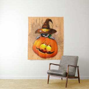Halloween Cute Kat Witch en Pumpkin Friend Wandkleed