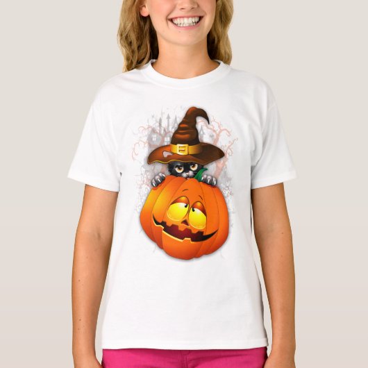 Halloween Cute Kitty Witch and Pumpkin Friend  T-shirt (Voorkant)