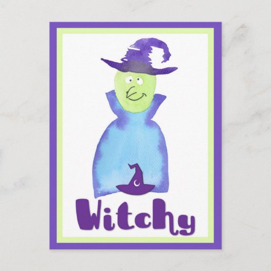 Halloween Cute Paarse Waterverf Witch Briefkaart (Voorkant)