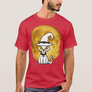 Halloween Cute White cat Scary Pumpkin on Moon T-shirt