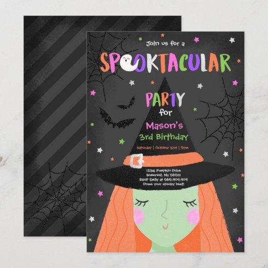 Halloween Cute Witch Birthday Party Kaart (Voorkant / Achterkant)