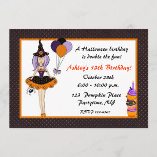 Halloween Cute Witch Birthday Uitnodiging