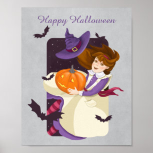 Halloween Cute Witch met pompoen Poster