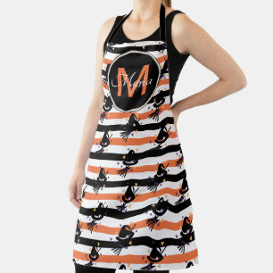Halloween Cute Witch Stripes Oranje zwart monogram Schort