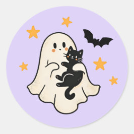 Halloween Cute Zwevende Geest met Zwarte Kat Ronde Sticker