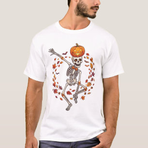 Halloween Dansend Skelet Pompoen Hoofd Herfst Blad T-shirt