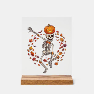 Halloween Dansend Skelet Pompoen Hoofd Herfstblad Acryl Bord
