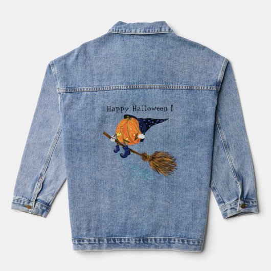 Halloween Denim Jas Grappige Heks Pompoen Vliegen Jacket (Achterkant)