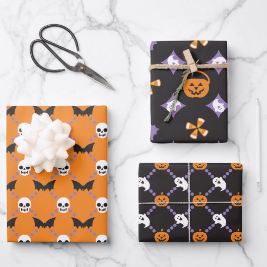 Halloween Designer Fun, Skulls & Pumpkins Inpakpapier Vel (Voorkant)
