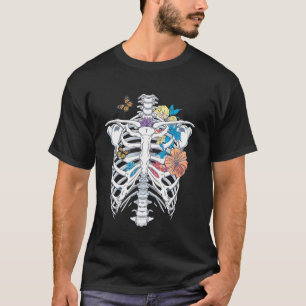 Halloween Dia De Los Muertos Skelet Kooi Bloemen T-shirt