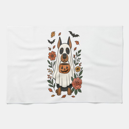 Halloween Dobermann Pincher Bloemen Theedoek (Horizontaal)