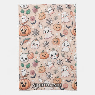 Halloween Doodle Patroon met geesten en pompoenen  Theedoek