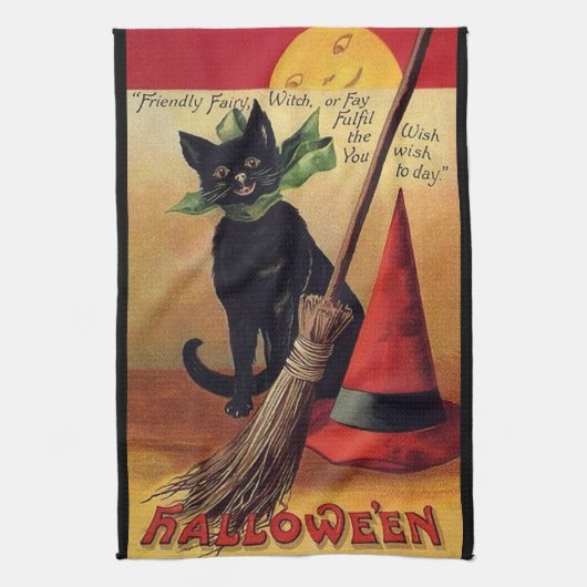 Halloween door Ellen Clapsaddle, Black Cat Theedoek (Verticaal)