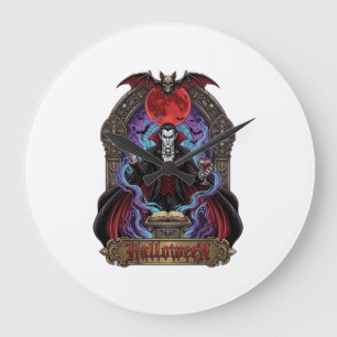 Halloween Dracula Rode Maan Vleermuizen Schedel_1 Grote Klok
