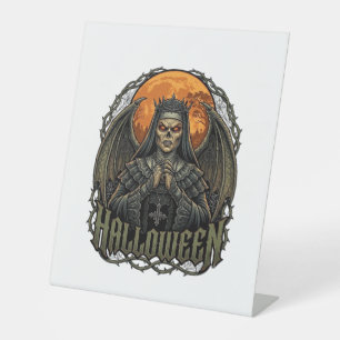 Halloween Duivel Nonnenkroon Vleugels Oranje Maan_ Reclamebord Met Voetstuk