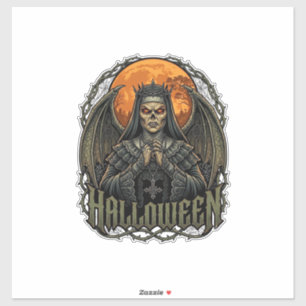 Halloween Duivel Nonnenkroon Vleugels Oranje Maan_ Sticker