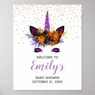 Halloween Eenhoorn Baby Shower Paarse Welkom Bord Poster