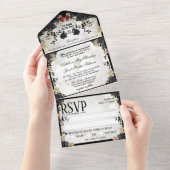Halloween Elegant Black Roos Skeletons MENU RSVP All In One Uitnodiging (Afscheurbaar)