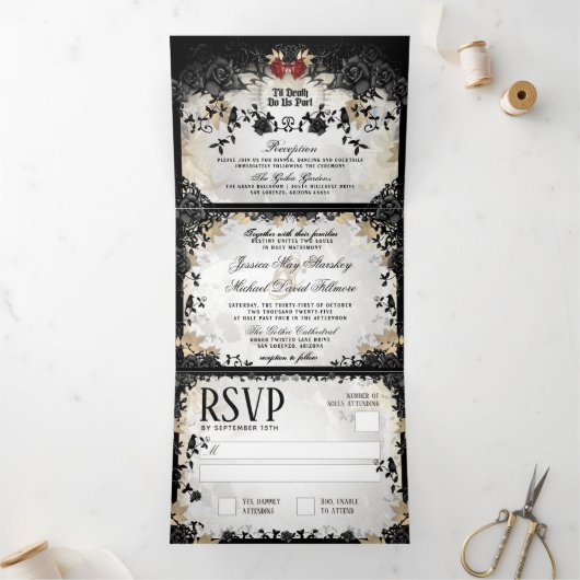 Halloween Elegant Roos "Samen met" NON-MENU Drieluik Uitnodiging (Binnen)