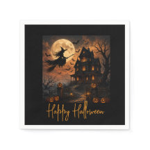Halloween enge heks die over een spookhuis vliegt