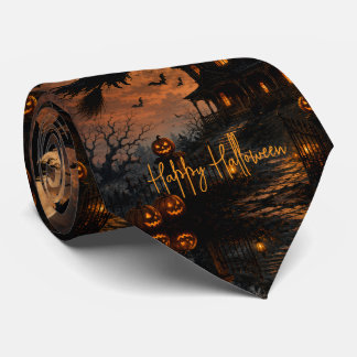 Halloween enge heks die over een spookhuis vliegt stropdas