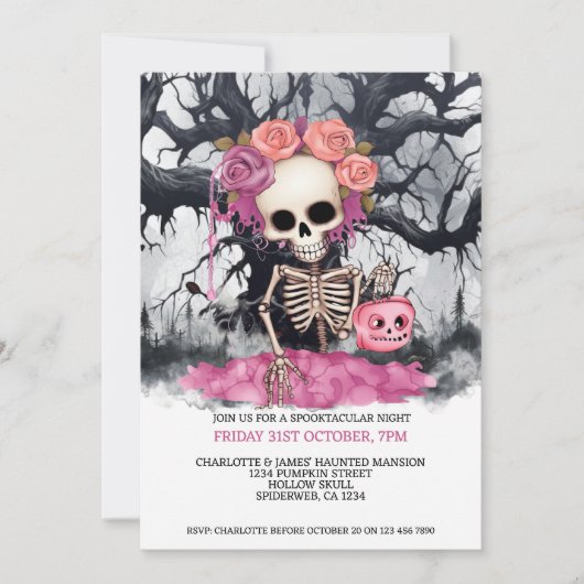 Halloween Enge Roze Skelet En Haunted Tree Kaart (Voorkant)