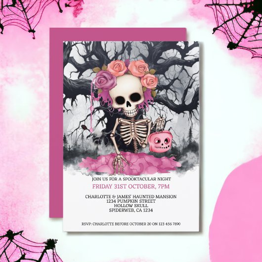Halloween Enge Roze Skelet En Haunted Tree Kaart