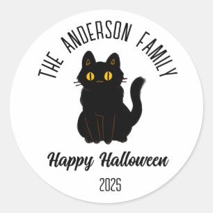 Halloween Enge Zwarte Kat Gepersonaliseerde Naam Ronde Sticker