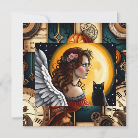 Halloween engel en zwarte kat kaart (Voorkant)