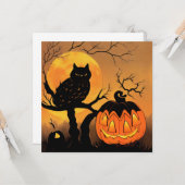 Halloween. Eule im Baum mit Kürbis. Mond. Kaart (Voorkant / Achterkant in situ)