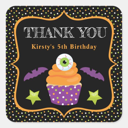 Halloween Eyeball Cupcake & Polka Dots Birthday Vierkante Sticker (Voorkant)