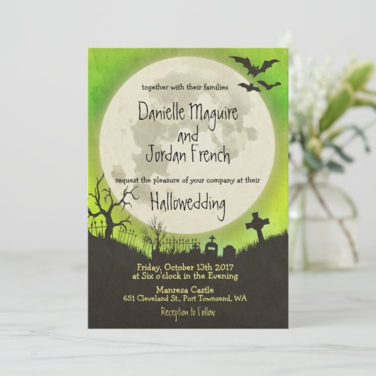 Halloween faire-part de mariage en vert avec lune (Debout devant)