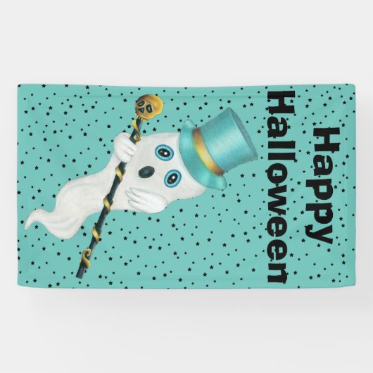 Halloween Fancy Ghost Top Hat Gold Skull Stars Spandoek (Horizontaal)