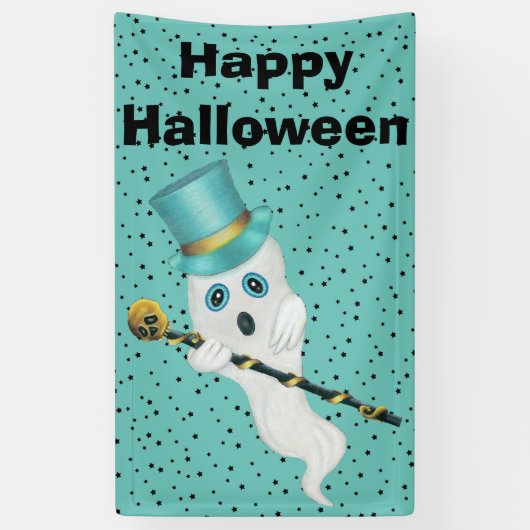Halloween Fancy Ghost Top Hat Gold Skull Stars Spandoek (Verticaal)